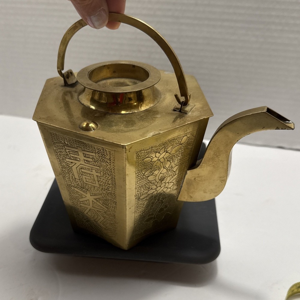 Vintage Etched Hexagonal Oriental Brass Teapot With Lid-Decorative